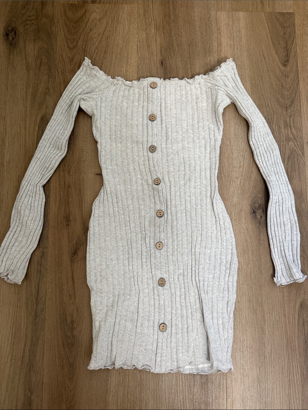 Fashion nova Off-Shoulder Ribbed Button-Front Dress in Light Beige